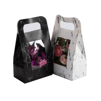 Wholesale PVC Window Flowers Carry Bag Marbling Style Kraft Paper Bags Flower Box with Handle Bouquet Florist Party Decoration